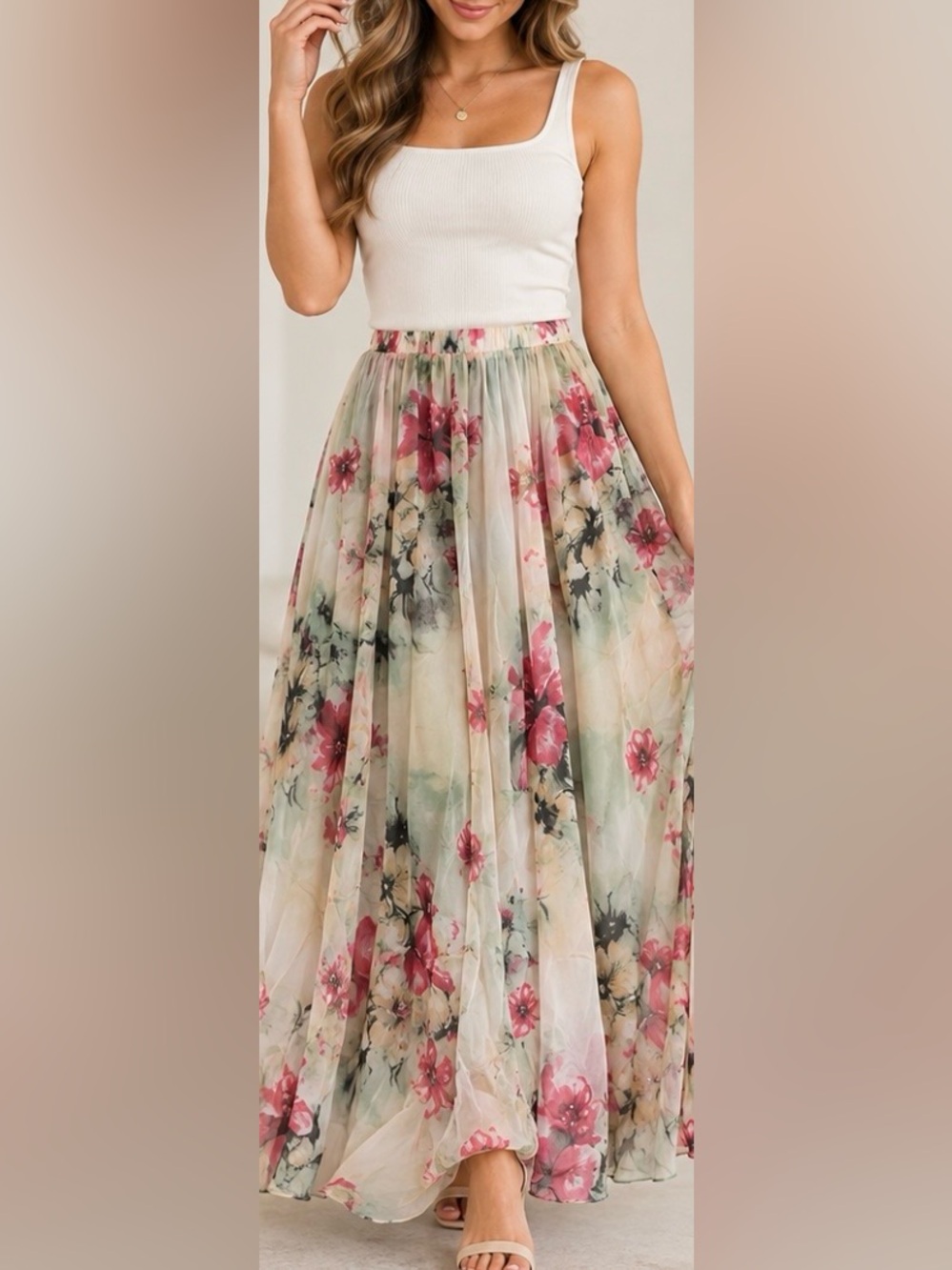 Chicwish Pink Floral Chiffon Maxi Skirt on Cream Base